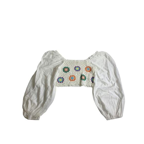 Chrysanthemum Crochet Floral Vacay Crop Top Medium Balloon Sleeve - Picture 2 of 7